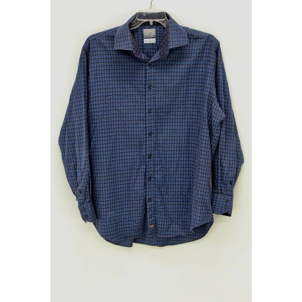 Thomas Dean Shirt Men's XXL Blue Long Sleeve Button Basketweave Print Flip cuff